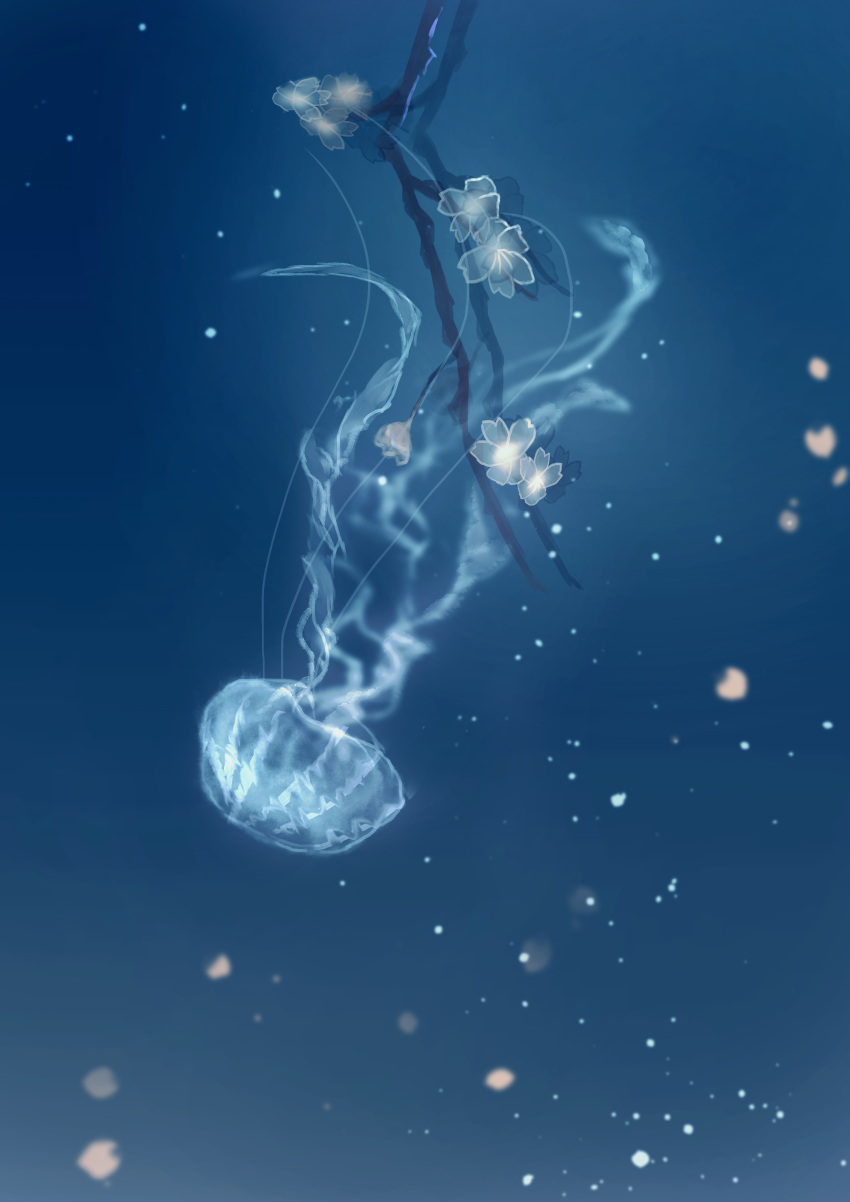 absurdres, air_bubble, blue_theme, blurry, bokeh, branch, bubble, cherry_blossoms