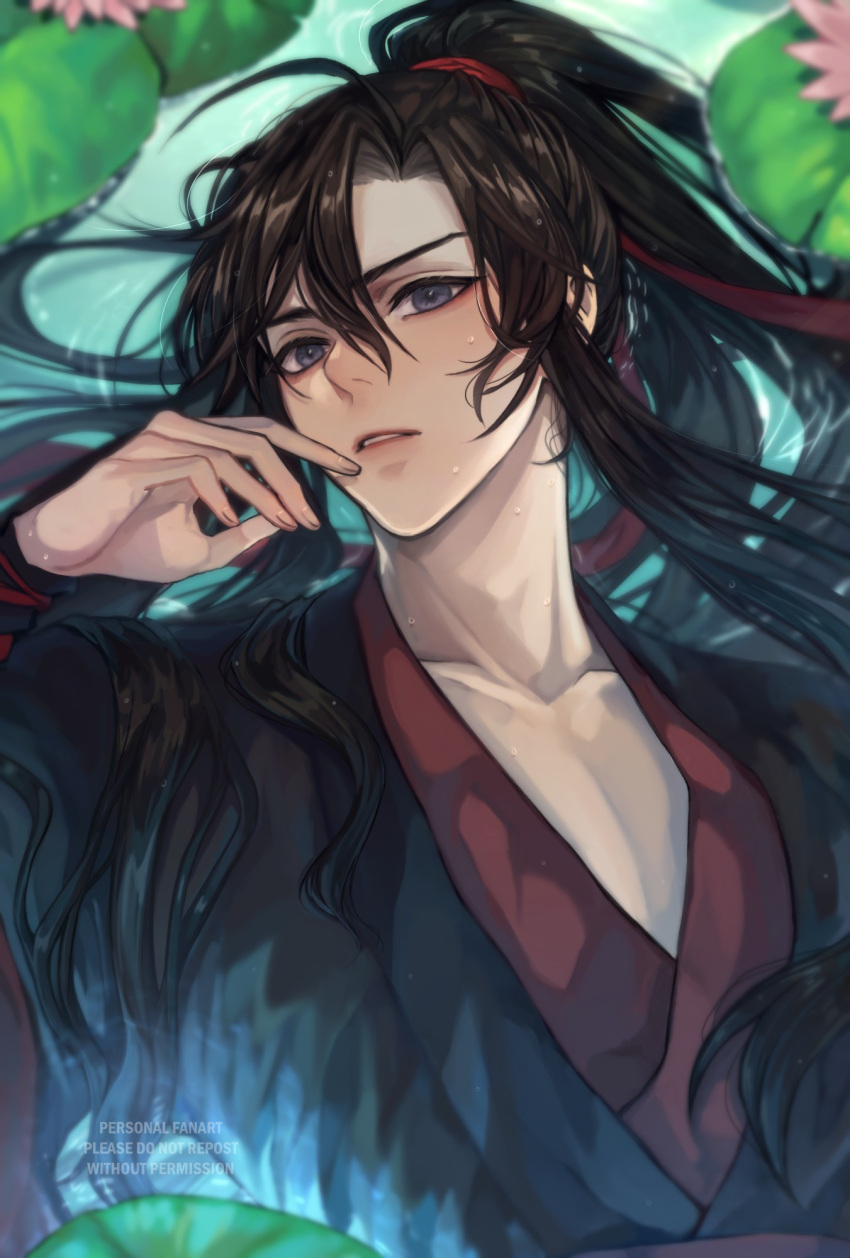 1boy, bishounen, black_hair, black_hanfu, chinese_clothes, collarbone, flower, ganen_cheese