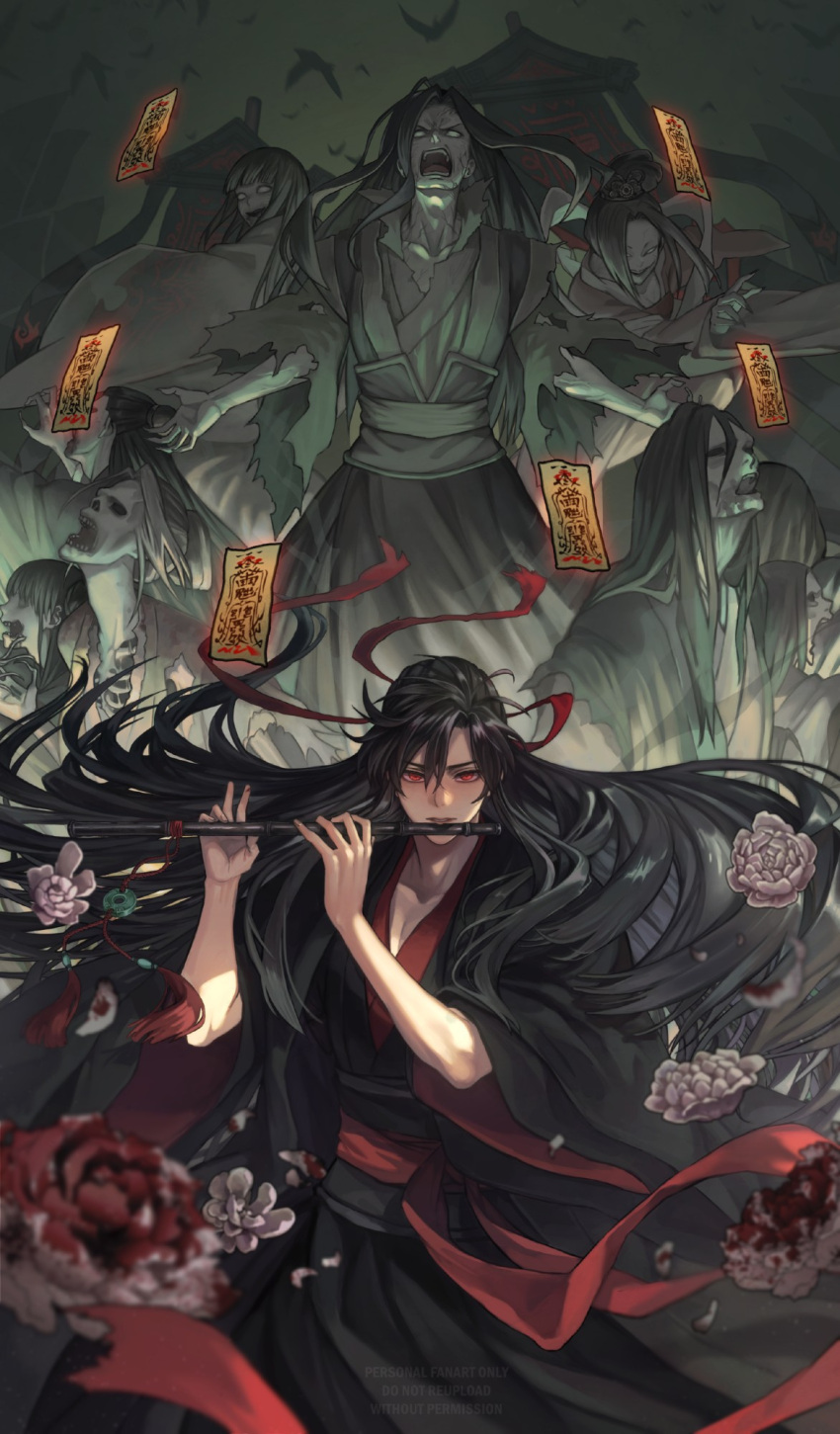 1boy, 6+others, bird, black_hair, black_hanfu, black_robe, blood_on_flower, chinese_clothes