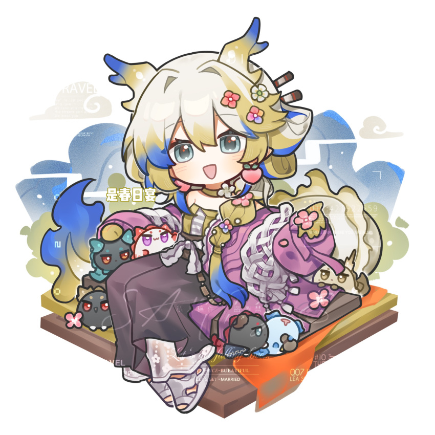 1girl, :d, annotated, arknights, blonde_hair, blue_hair, chibi, chibi_only, chinese_commentary, choker, chongyue_(arknights), commentary_request, dragon_bubble_(arknights), dragon_girl, dragon_horns, dragon_tail, dusk_(arknights), flower, full_body, green_eyes, grey_hair, hair_between_eyes, hair_flower, hair_ornament, highres, horns, ji_(arknights), ling_(arknights), long_hair, looking_at_viewer, multicolored_hair, nian_(arknights), official_alternate_costume, open_mouth, shu_(arknights), shu_(spring_feast)_(arknights), sitting, smile, solo, tail, too_many_watermarks, tu_tu_cha_(sutuyuan), watermark, white_background, yellow_choker, yu_(arknights)