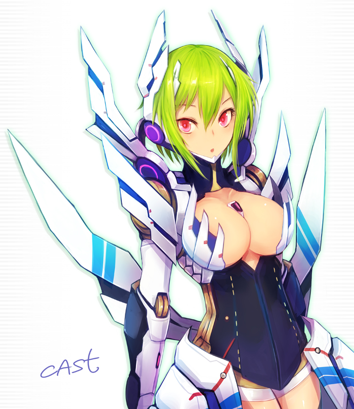 1girl, cleavage, color_(artist), eternal_form, green_hair, kara_(color), large_breasts, phantasy_star