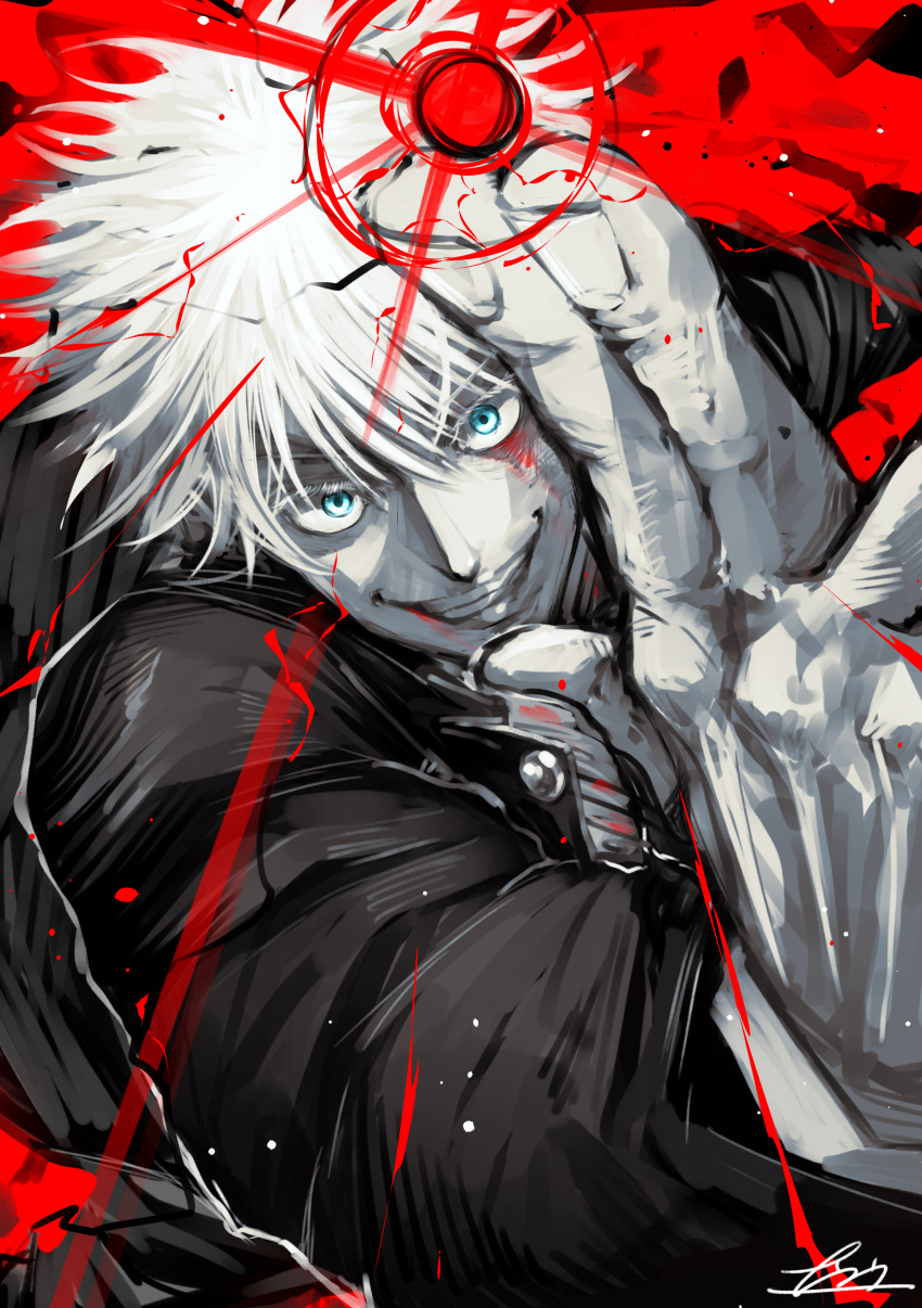 1boy, absurdres, blue_eyes, colored_eyelashes, finger_gun, fingernails, gojou_satoru, grin
