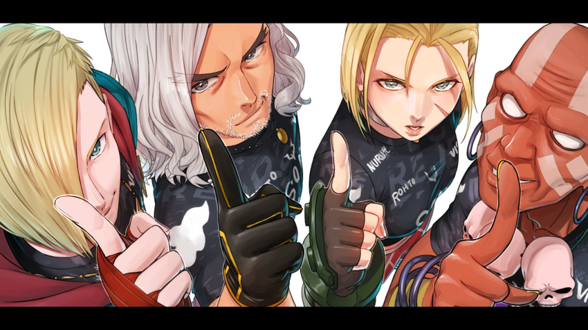 1girl, 3boys, aduti_momoyama, arm_up, asymmetrical_hair, black_gloves, black_shirt, blonde_hair