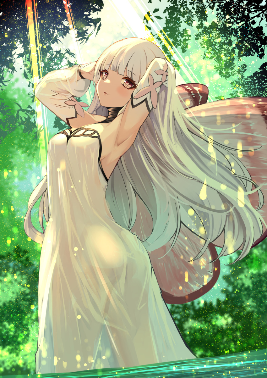1girl, absurdres, arm_behind_head, armpits, arms_behind_head, arms_up, ass, ass_focus, bare_shoulders, breasts, butt_crack, butterfly_wings, collarbone, coral_(fate), dress, fairy, fate/grand_order, fate_(series), hair_between_eyes, highres, insect_wings, light_particles, long_hair, looking_at_viewer, nature, outdoors, pink_eyes, pink_wings, pointy_ears, presenting_armpit, scenery, shade, shibakame, simple_background, sleeveless, sleeves_past_wrists, smile, soaking_feet, solo, sunlight, thighs, tree, tree_shade, water, wet, white_dress, white_hair, wings