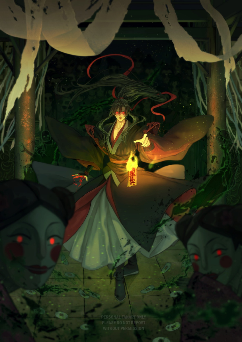 1boy, 2others, black_boots, black_hair, black_hanfu, blood, boots, burning