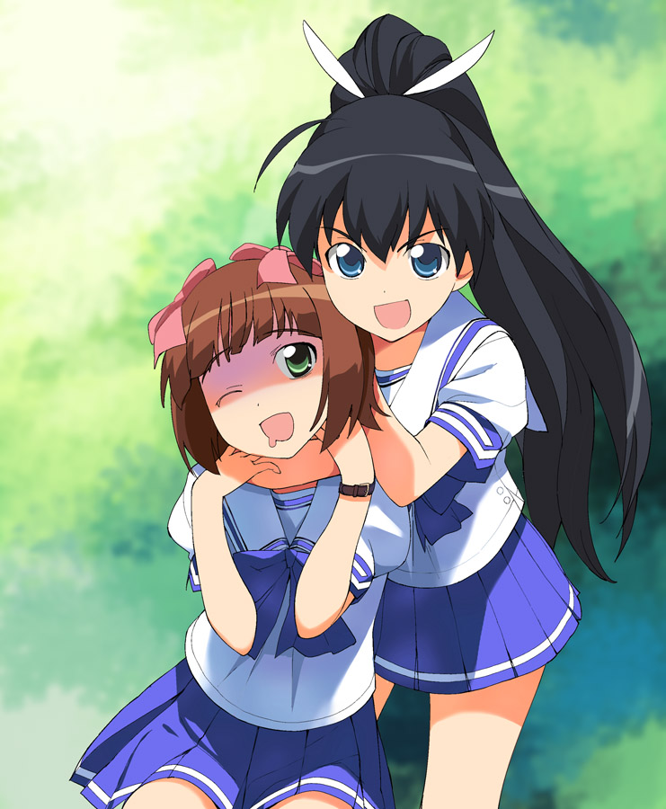 a1, amami_haruka, asphyxiation, black_hair, blue_eyes, brown_hair, choke_hold, choking
