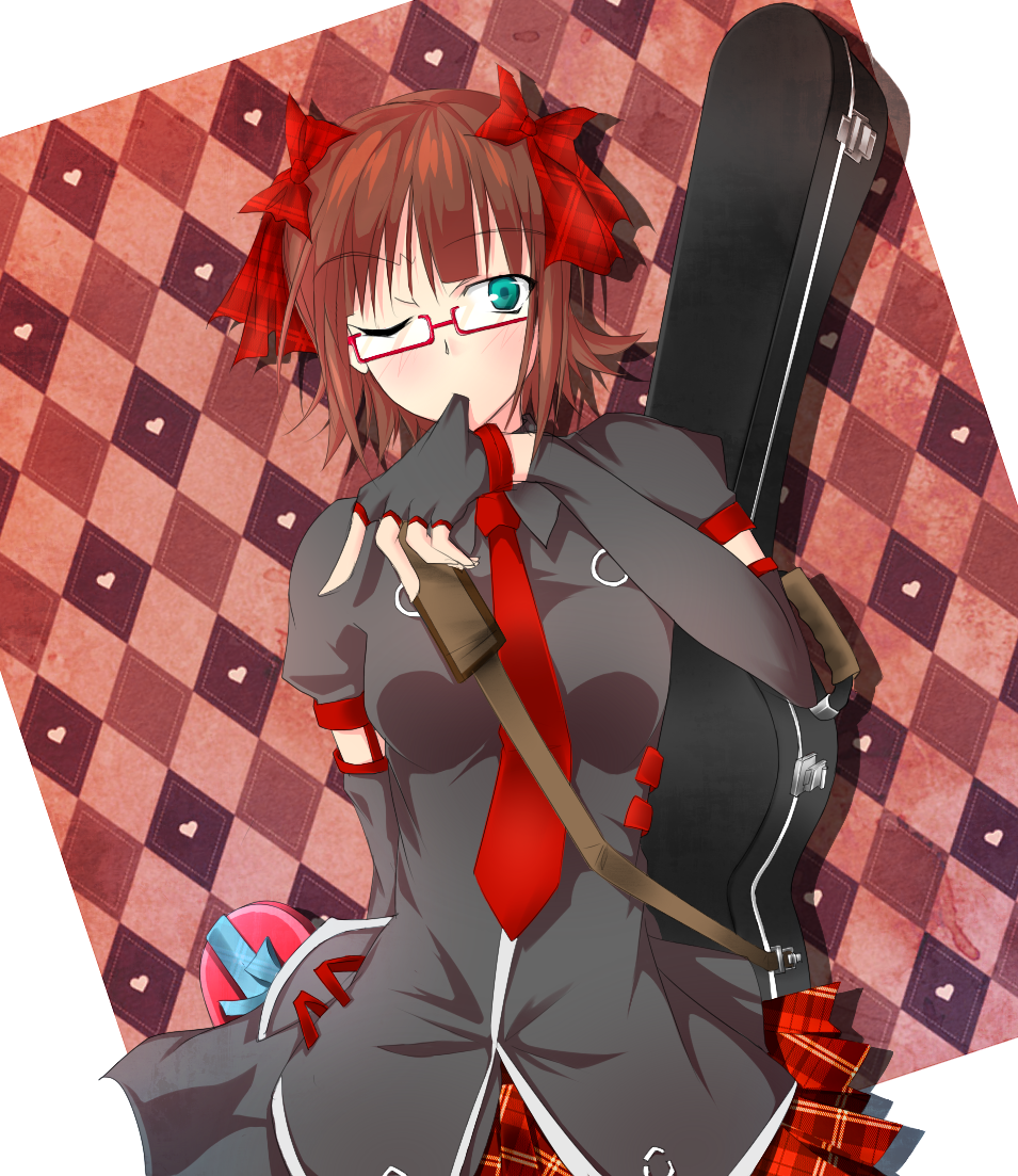 bespectacled, brown_hair, fingerless_gloves, gift, glasses, gloves, green_eyes, guitar_case