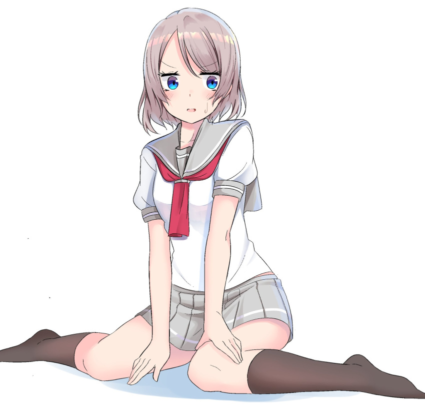 bag, blue_eyes, blush, brown_hair, dot_nose, grey_hair, highres, kneeling