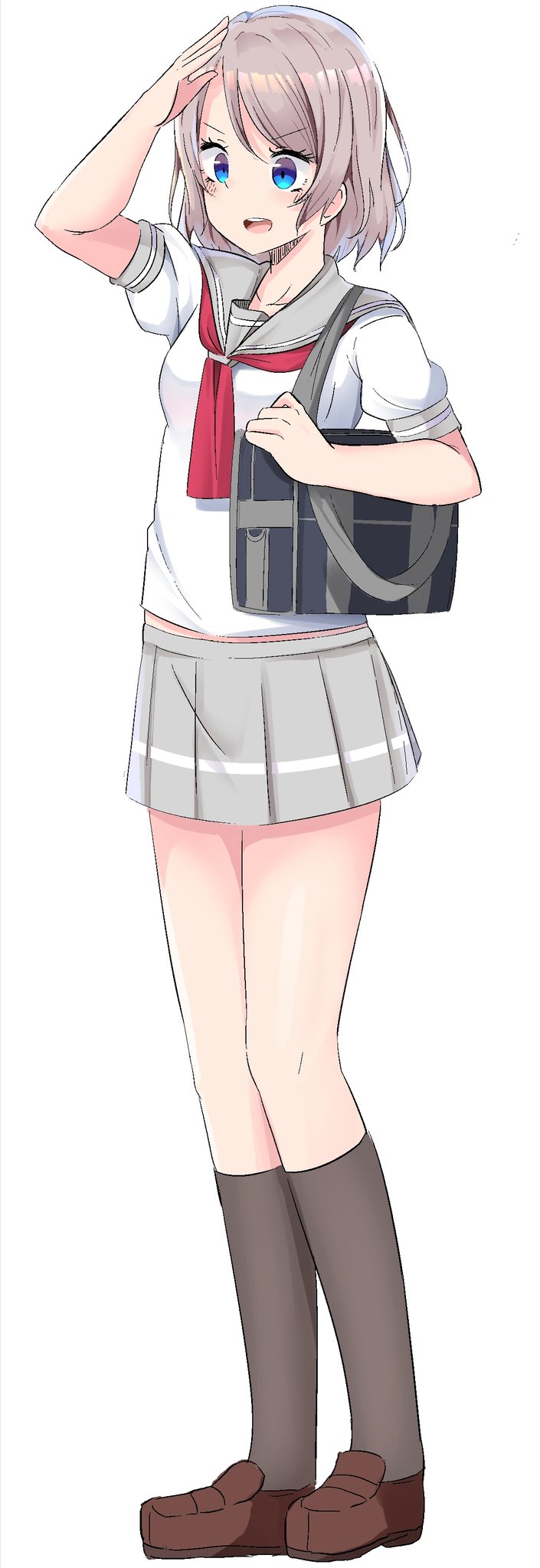 bag, blue_eyes, blush, brown_hair, dot_nose, grey_hair, highres, loafers