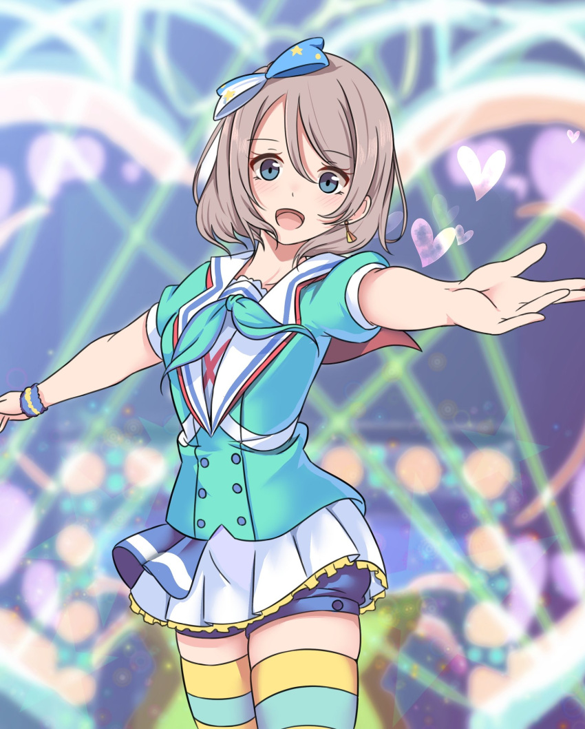 aozora_jumping_heart, blue_eyes, blush, bow, brown_hair, dot_nose, frills, grey_hair