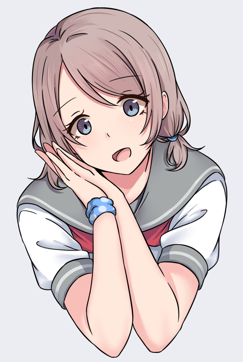 alternate_hairstyle, blue_eyes, blush, brown_hair, dot_nose, grey_hair, highres, looking_at_viewer
