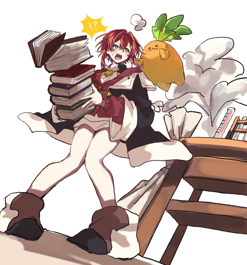 !?, 1girl, :3, ange_katrina, ange_katrina_(1st_costume), ankle_boots, black_boots, black_coat, blue_eyes, blush, book, book_stack, boots, cardigan, coat, commentary, creature, crossed_bangs, desk, dress, dropping, from_below, full_body, hair_between_eyes, hair_intakes, hair_ornament, highres, honeko_06, knees_together_feet_apart, long_bangs, long_sleeves, looking_at_another, mandragora, mandragora_(ange_katrina), measuring_cylinder, nijisanji, off_shoulder, open_mouth, pouncing, red_cardigan, red_hair, short_dress, short_hair, simple_background, solid_oval_eyes, standing, surprised, sweatdrop, teeth, test_tube, test_tube_rack, triangle_hair_ornament, upper_teeth_only, virtual_youtuber, white_background, white_dress