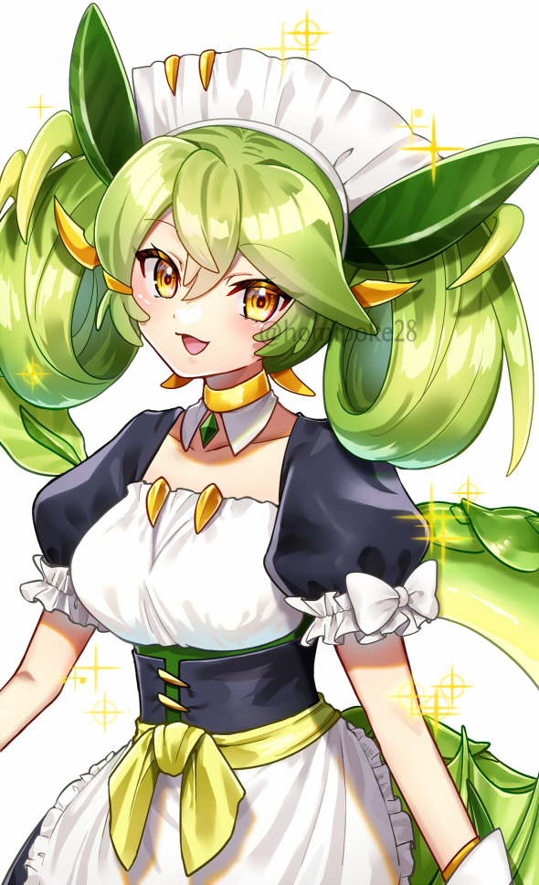 1girl, apron, blush, breasts, collarbone, detached_collar, dragon_girl, dragon_horns, dragon_tail, dragon_wings, duel_monster, frilled_apron, frilled_sleeves, frills, green_hair, hair_rings, homi28, horns, leaf, leaf_on_head, long_hair, looking_at_viewer, maid, maid_apron, maid_headdress, medium_breasts, open_mouth, orange_eyes, parlor_dragonmaid, short_sleeves, simple_background, smile, solo, sparkle, tail, twintails, twitter_username, white_apron, white_background, wings, wrist_cuffs, yu-gi-oh!