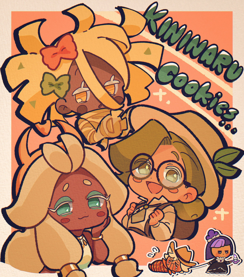 1boy, 4girls, absurdres, adventurer_cookie, bare_shoulders, blackberry_cookie, blonde_hair, chibi
