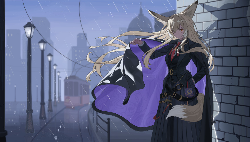 1girl, animal_ear_fluff, animal_ears, arknights, arm_up, belt_chain, black_cape, black_jacket