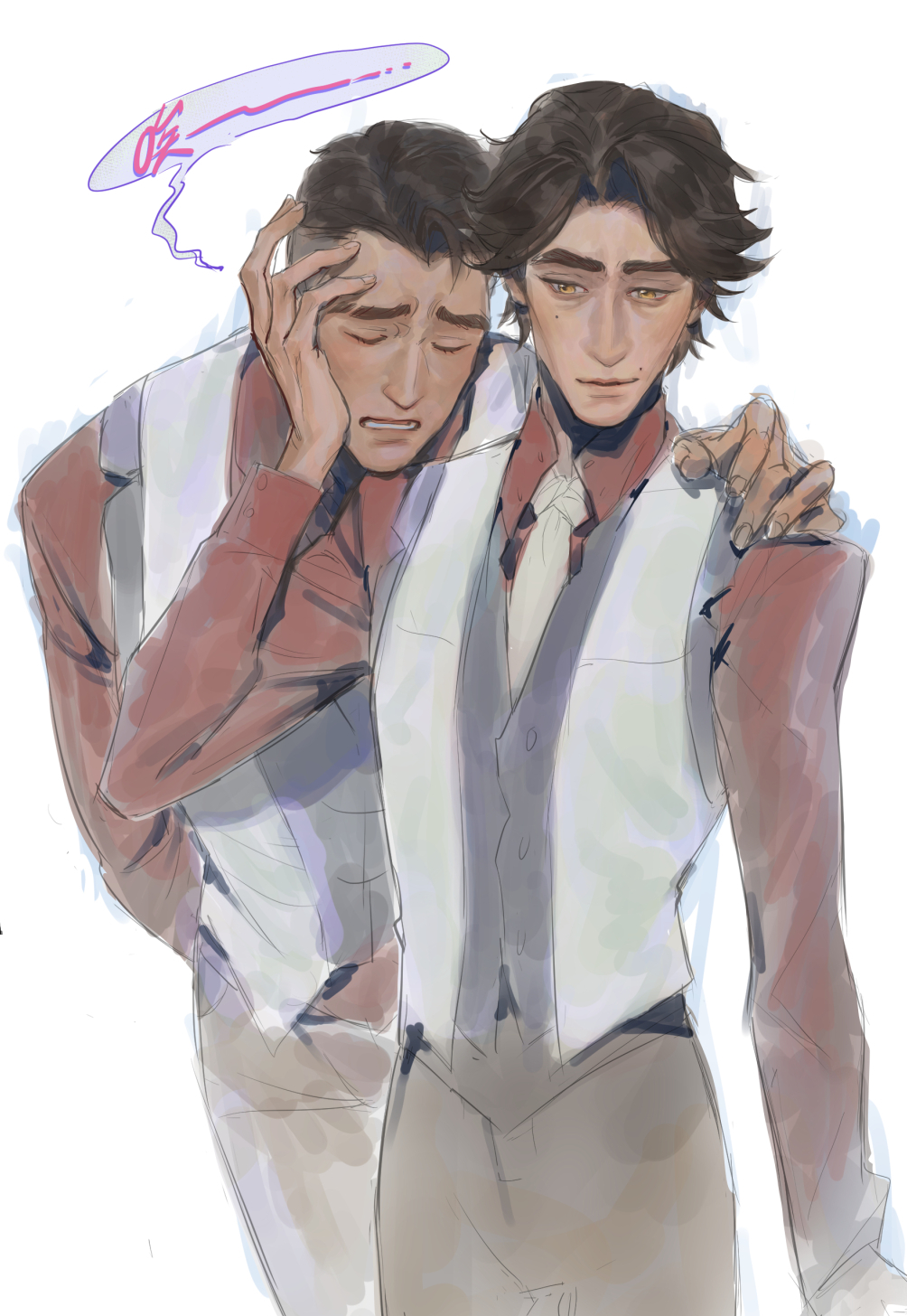2boys, arcane:_league_of_legends, arcane_jayce, arm_around_shoulder, arm_up, brown_hair, chinese_commentary, clenched_teeth
