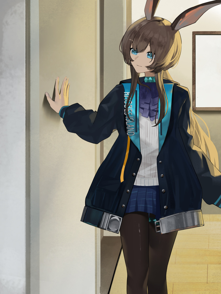 1girl, absurdres, amiya_(arknights), animal_ears, arknights, ascot, black_jacket, black_pantyhose