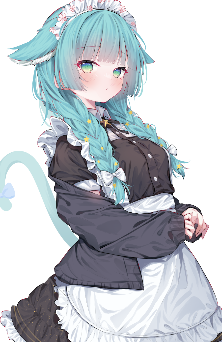 1girl, animal_ear_fluff, animal_ears, apron, black_dress, black_jacket, blue_bow, blue_hair