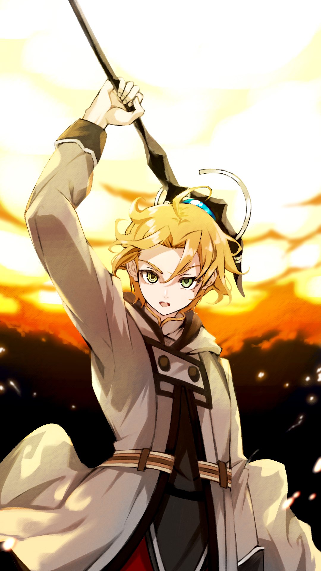 1boy, ahoge, arm_up, brown_hair, casting_spell, commentary_request, fire, grey_robe