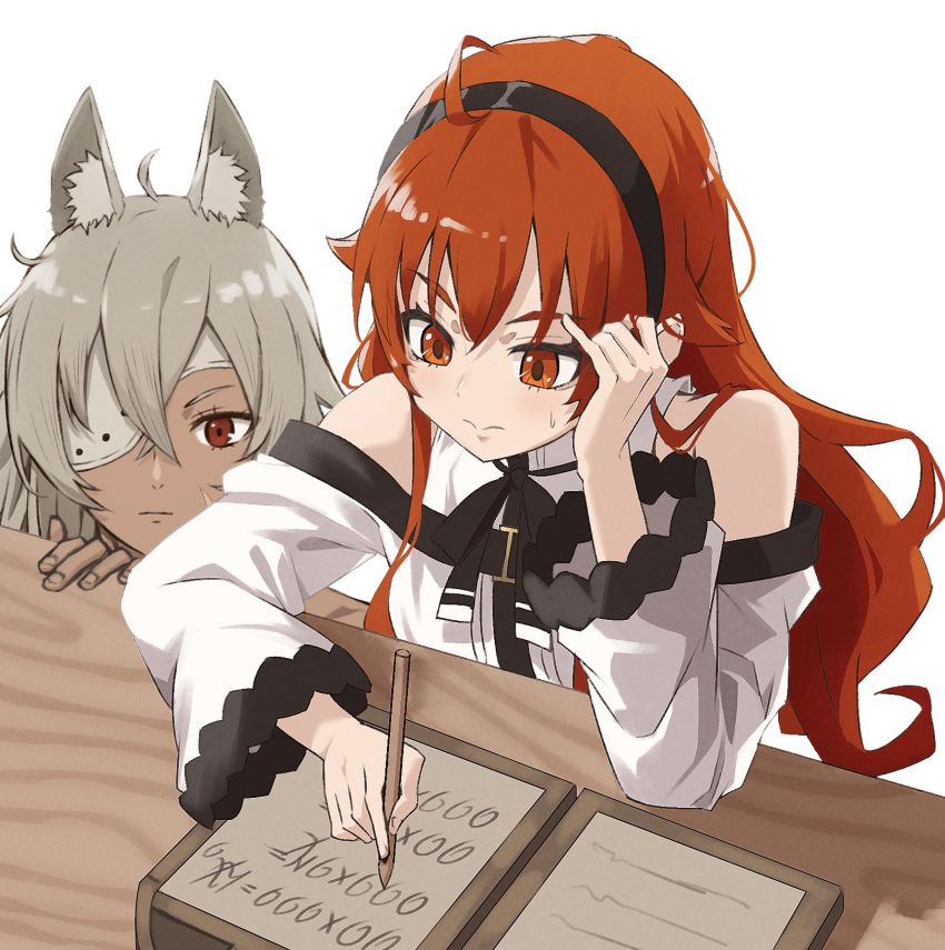 2girls, animal_ears, bare_shoulders, black_hairband, closed_mouth, commentary_request, desk, dog_ears, eris_greyrat, eyepatch, ghislaine_dedoldia, grey_hair, hairband, highres, holding, long_sleeves, multiple_girls, mushoku_tensei, off-shoulder_shirt, off_shoulder, one_eye_covered, paper, red_eyes, red_hair, seriro00112, shirt, simple_background, studying, sweatdrop, upper_body, white_background, white_shirt, writing