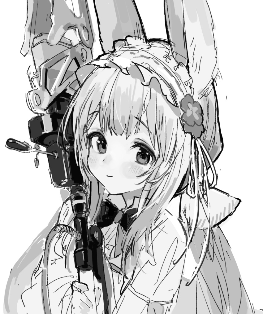 1girl, animal_ears, arknights, blush, closed_mouth, frills, greyscale, hairband, highres, holding, light_smile, long_hair, looking_at_viewer, monochrome, sawayaka_samehada, simple_background, sketch, solo, upper_body, warmy_(arknights), white_background