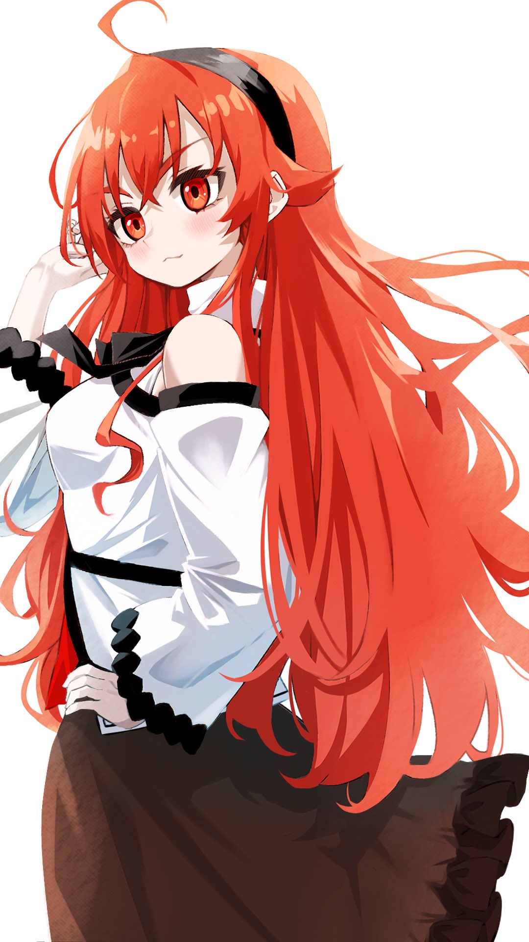 1girl, ahoge, black_hairband, black_skirt, closed_mouth, commentary, eris_greyrat, from_side
