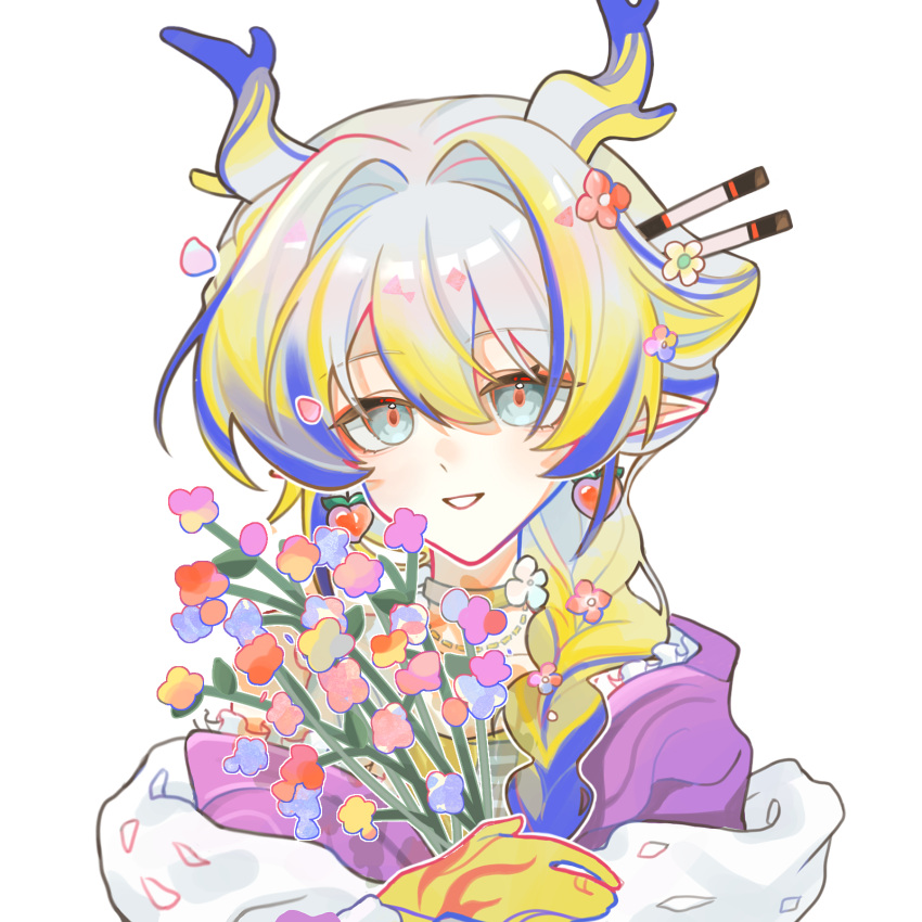 1girl, :d, arknights, blonde_hair, blue_hair, bouquet, chinese_commentary, choker