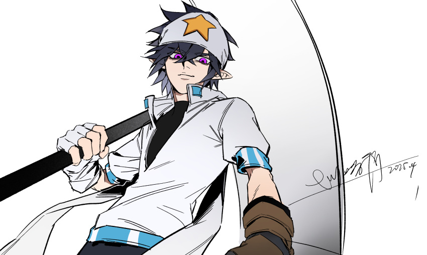 1boy, aotu_world, artist_name, asymmetrical_gloves, bandana, black_hair, black_shirt, closed_mouth