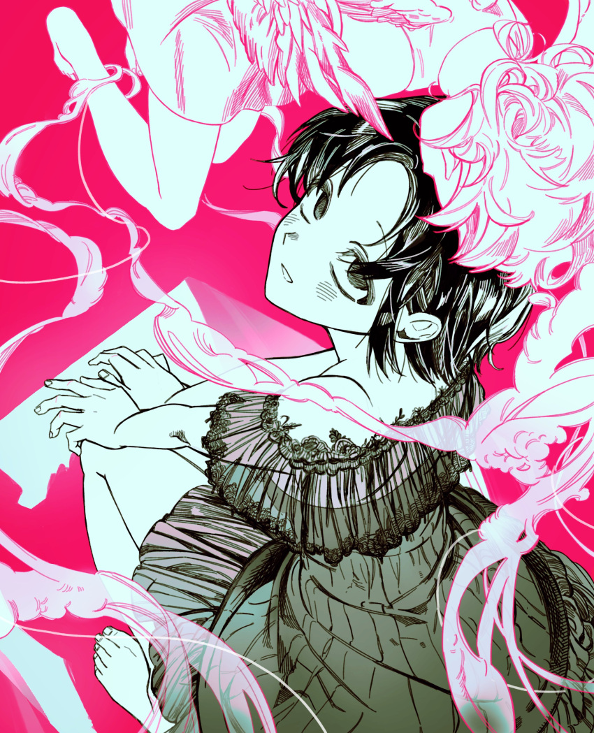 2girls, absurdres, angel, angel_wings, bare_shoulders, barefoot, blush, capelet