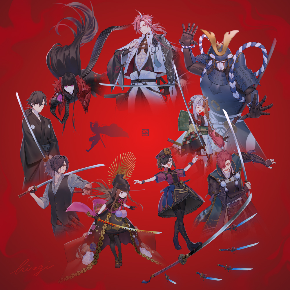 5boys, 5girls, armor, asymmetrical_sleeves, bellflower, black_gloves, black_hair, black_hat