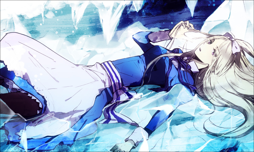 apron, axis_powers_hetalia, belarus_(hetalia), black_legwear, blonde_hair, blue_dress, border, bow