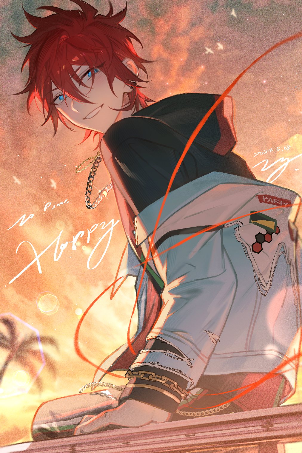 1boy, aleo, amagi_rinne, black_hoodie, blue_eyes, bracelet, chain, clouds