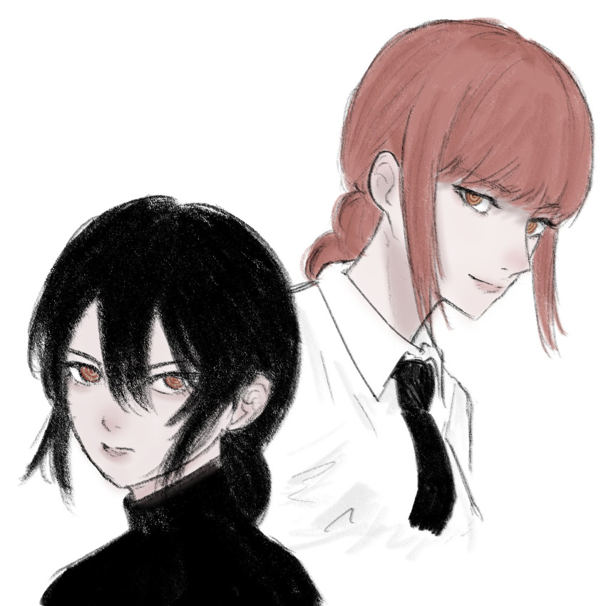 2girls, black_hair, black_necktie, black_shirt, braid, chainsaw_man, collared_shirt, hair_between_eyes