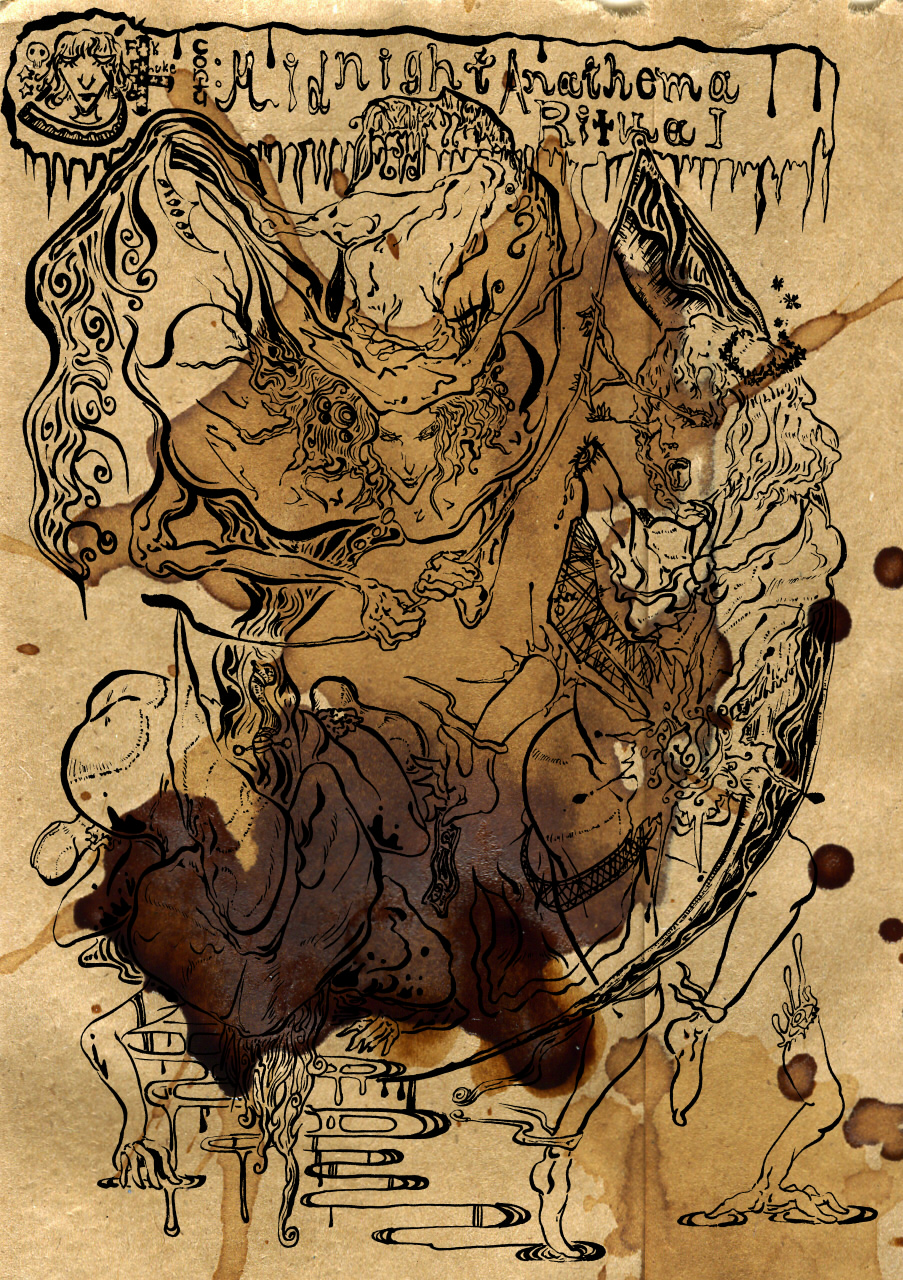 brush_(medium), highres, hornchameleon, mizuhashi_parsee, monochrome, screaming, sepia, severed_limb