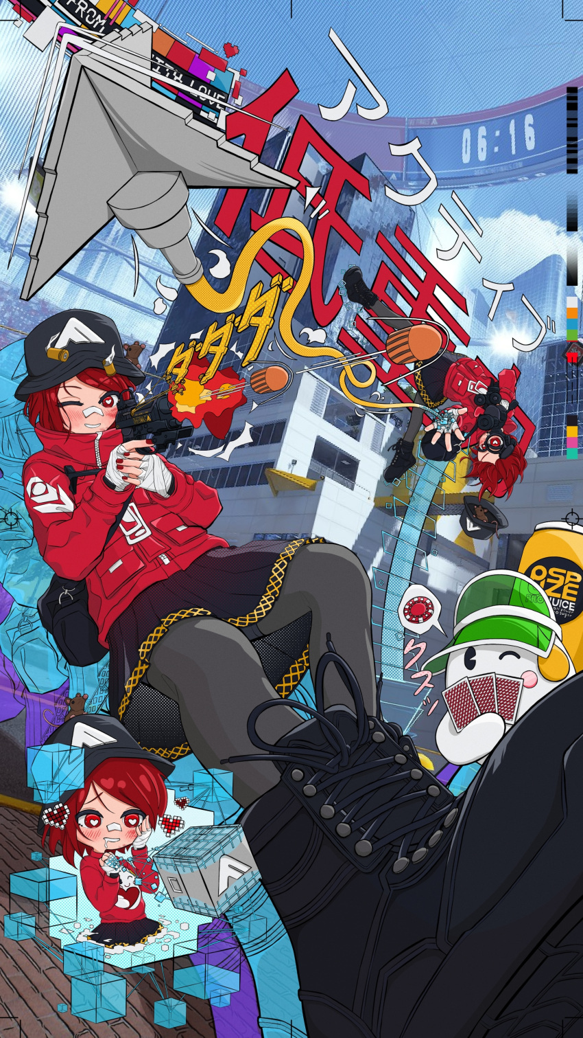 1girl, :d, ;), bandages, black_bag, black_shoes, black_skirt, bridge, building, bullet, can, card, crosshair, egg, energy_drink, english_text, firing, glitch, gloves, grappling_hook, gun, hat, heart, heart-shaped_pupils, holding_weapon, in_the_air, japanese_text, perspective, poker_card, rat, red_coat, red_eyes, red_hair, rooftop, scope, smoke, sniper_rifle, the_finals, timer, upside-down, window