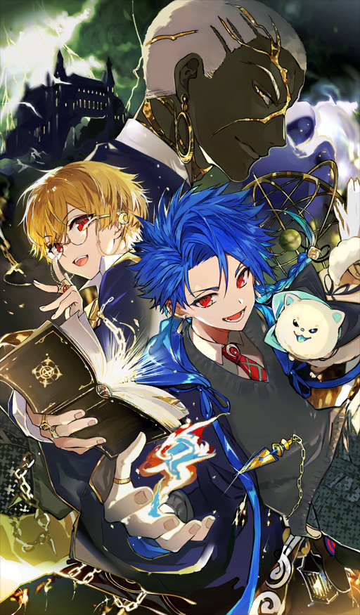 3boys, :d, age_difference, black_cloak, blonde_hair, blue_hair, book, braid