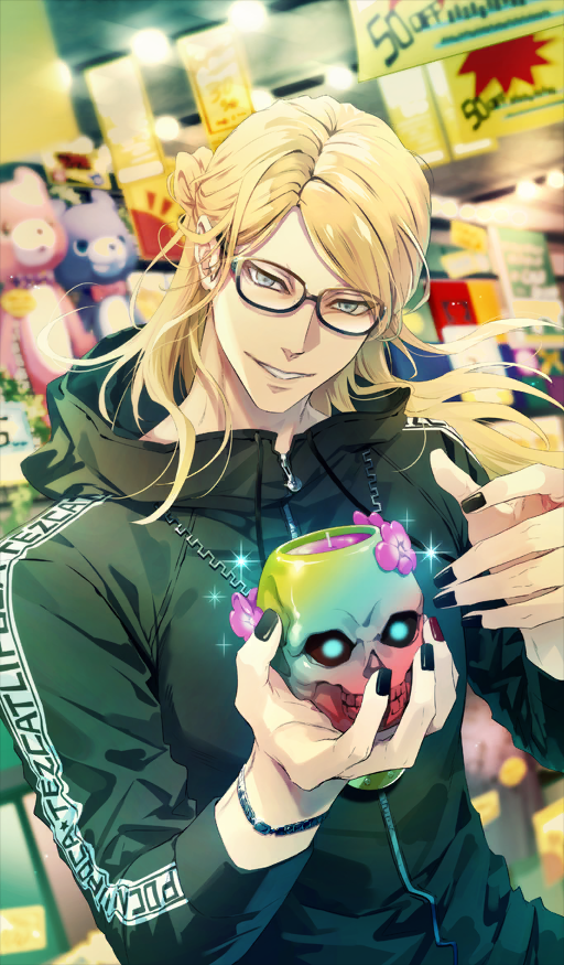 1boy, black-framed_eyewear, black_nails, blonde_hair, blue_eyes, bracelet, candle, chaldea_boys_collection, character_name, charlemagne_no_montjoie_kishidou!, clothes_writing, commentary_request, dutch_angle, fate/grand_order, fate_(series), fingernails, floating_hair, glasses, holding, hood, hood_down, hooded_jacket, indoors, jacket, jewelry, long_hair, male_focus, multicolored_nails, official_alternate_costume, official_art, parted_bangs, red_nails, riri_(tis_creation), skull, smile, solo, sparkle, tezcatlipoca_(fate), third-party_source, upper_body, zipper, zipper_pull_tab