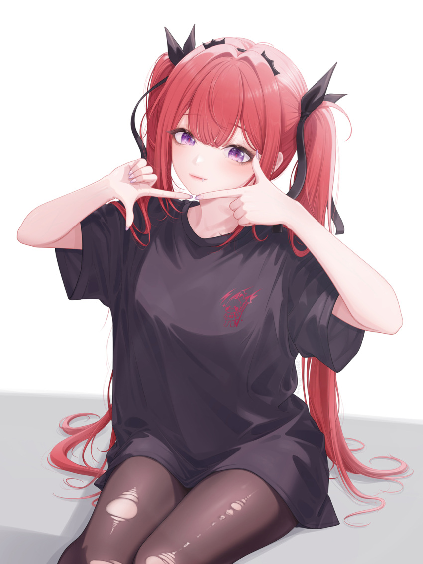 1girl, black_shirt, brown_pantyhose, charon_universe, closed_mouth, fang, hair_ribbon, hands_up