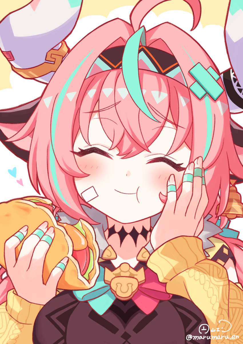 1girl, ahoge, animal_ears, bandaid, bandaid_on_cheek, bandaid_on_face, blush, breasts, closed_eyes, cow_ears, cow_horns, eating, genshin_impact, hairband, hand_on_own_face, happy, highres, horns, large_breasts, long_hair, maruyama_en, multicolored_hair, pink_hair, signature, streaked_hair, taco, twitter_username, varesa_(genshin_impact)
