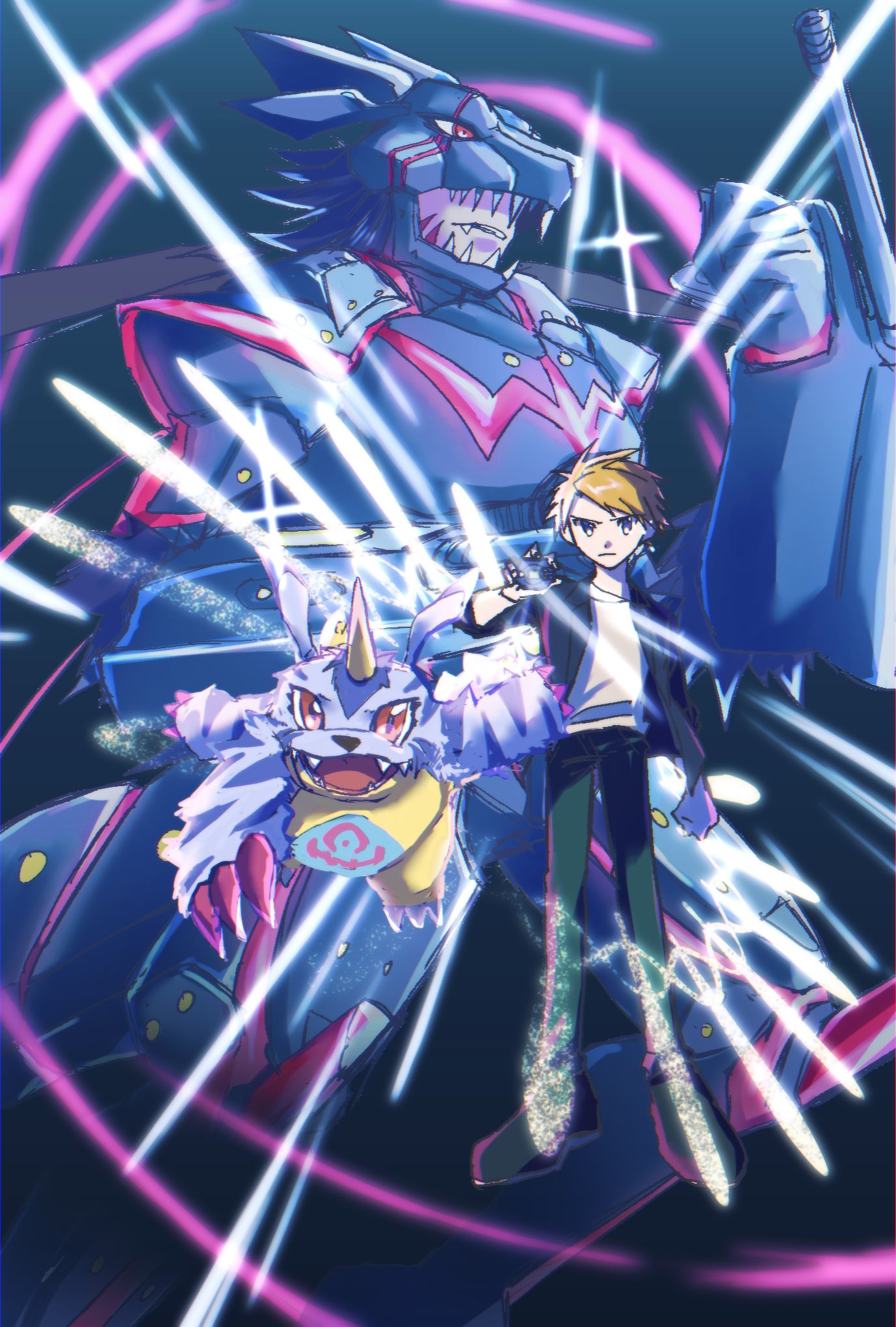 2boys, arm_cannon, armor, black_jacket, blonde_hair, blue_armor, blue_fur, blue_helmet