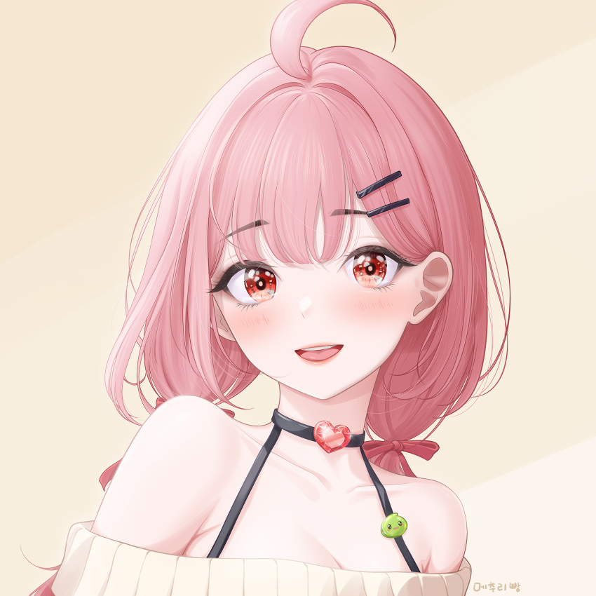 1girl, ahoge, armpit_crease, bare_shoulders, black_choker, bra_strap, charon_universe, choker