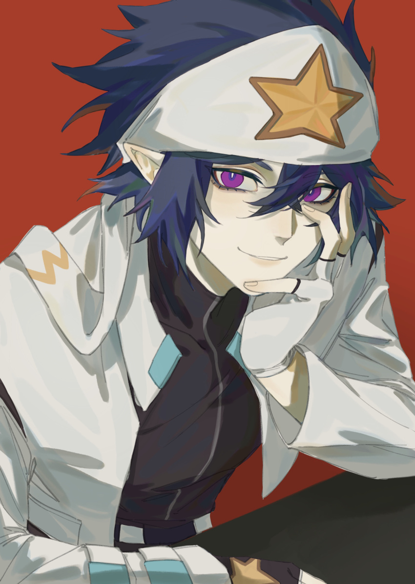 1boy, 5236905043, absurdres, aotu_world, bandana, black_hair, black_shirt, blue_hair, closed_mouth, fingerless_gloves, gloves, hair_between_eyes, hand_on_own_cheek, hand_on_own_face, head_rest, headband, highres, jacket, long_sleeves, looking_at_viewer, male_focus, open_clothes, pointy_ears, ray_(aotu_world), red_background, shirt, short_hair, simple_background, smile, solo, star_(symbol), star_print, upper_body, violet_eyes, white_gloves, white_headband, white_jacket
