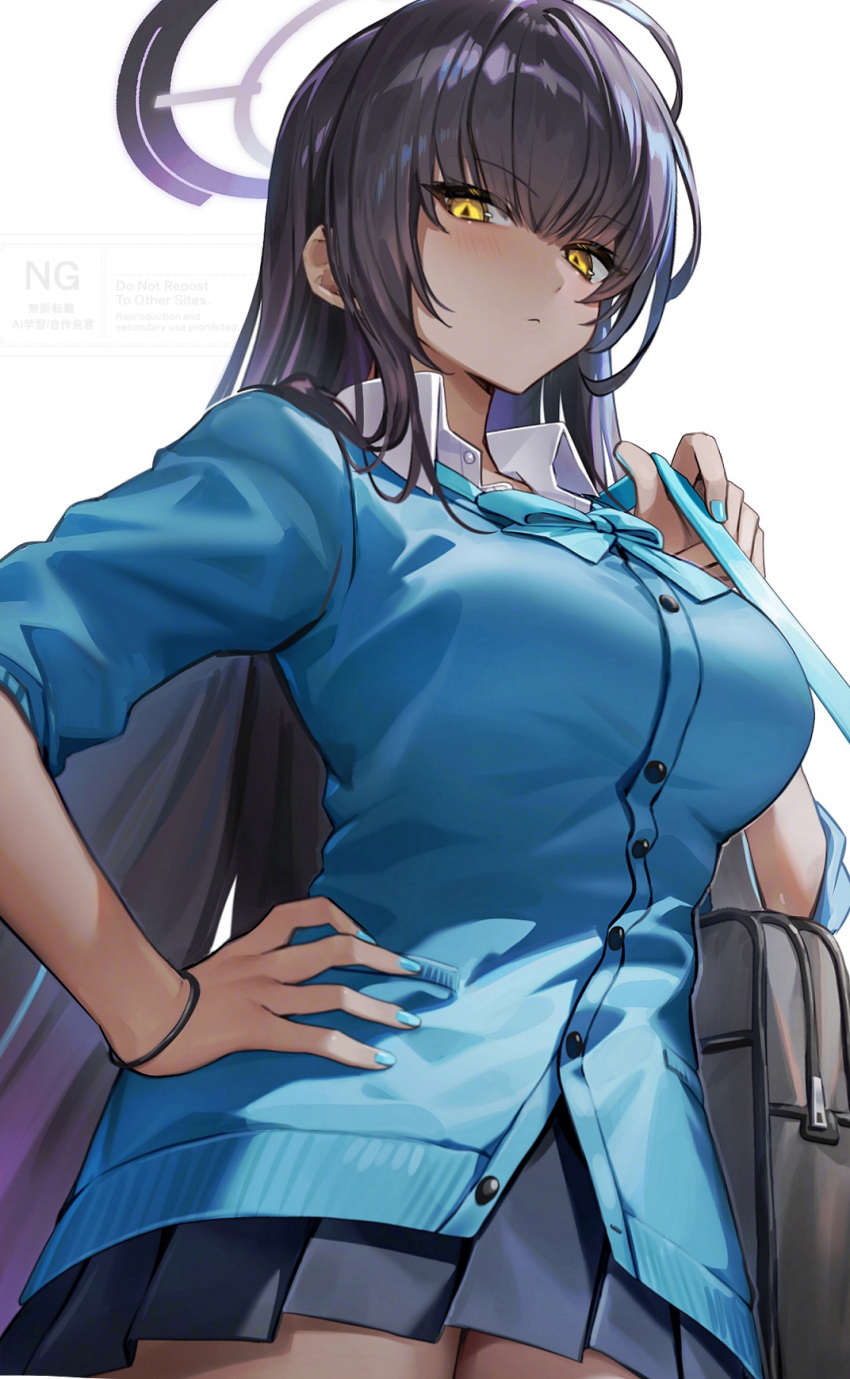 1girl, black_background, black_hair, black_halo, black_skirt, blue_archive, blue_bow, blue_cardigan, blue_nails, blush, bow, breasts, cardigan, closed_mouth, commentary_request, cowboy_shot, dark-skinned_female, dark_skin, fingernails, hair_between_eyes, halo, hand_on_own_hip, hand_up, highres, karin_(blue_archive), karin_(school_uniform)_(blue_archive), large_breasts, long_hair, looking_at_viewer, multicolored_hair, nail_polish, official_alternate_costume, pleated_skirt, purple_hair, skirt, solo, tsugutoku, very_long_hair, yellow_eyes