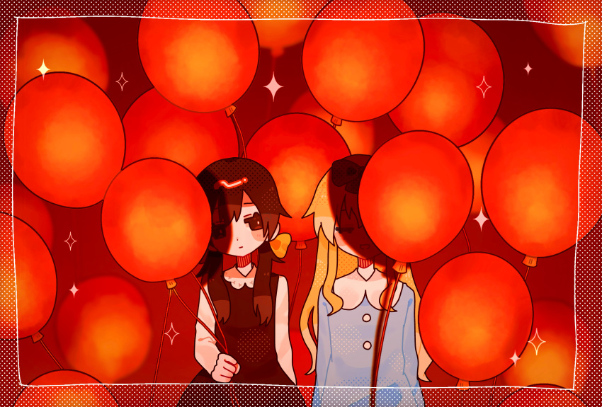 2girls, absurdres, apricot_(vocaloid), arm_at_side, arms_at_sides, balloon, black_dress, black_eyes