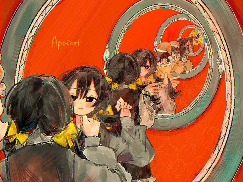 1girl, apricot_(vocaloid), bi_(nekoinuhotdog), black_dress, black_eyes, black_hair, blush, bow