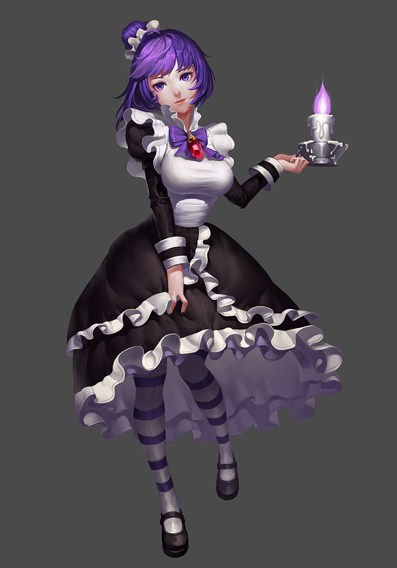 1girl, black_dress, blackberry_cookie, bow, brooch, candle, chocolazy, cookie_run