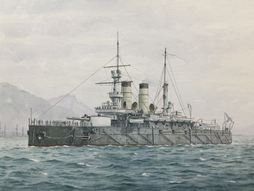 atelier_bono, battleship, cannon, highres, imperial_russian_army, military_vehicle, no_humans, ocean
