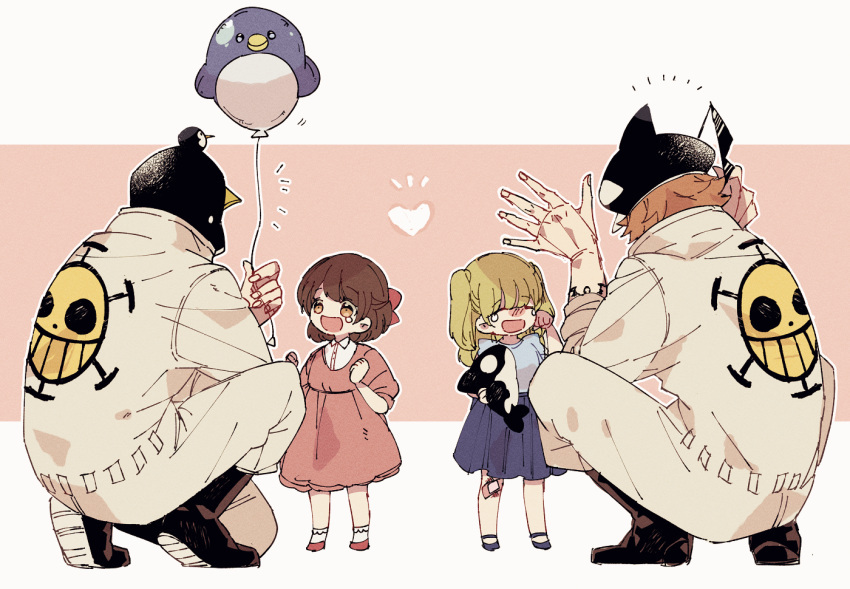 2boys, 2girls, :d, ^_^, balloon, bandaid, bandaid_on_knee, bandaid_on_leg