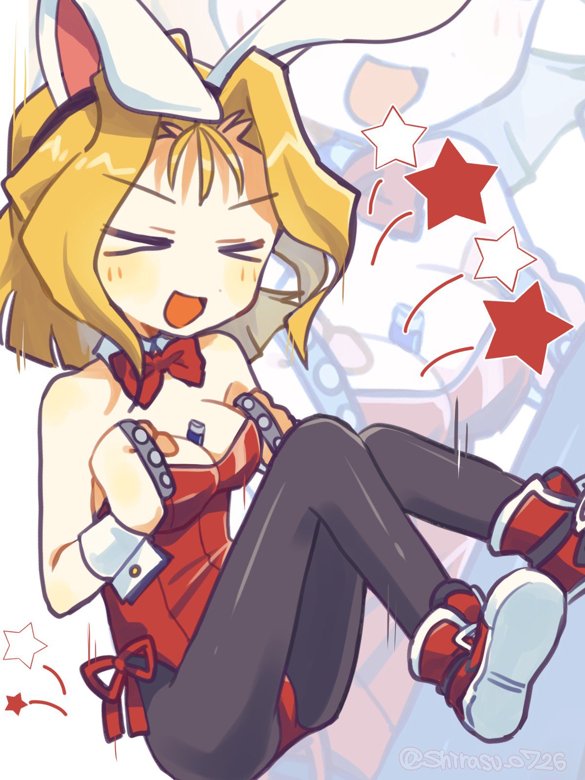 >_<, 1girl, :d, animal_ears, bare_shoulders, blonde_hair, brass_knuckles, breasts