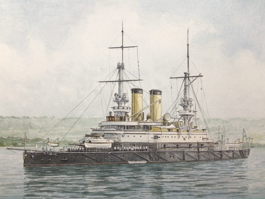 atelier_bono, battleship, cannon, clouds, cloudy_sky, highres, imperial_russian_army, mast